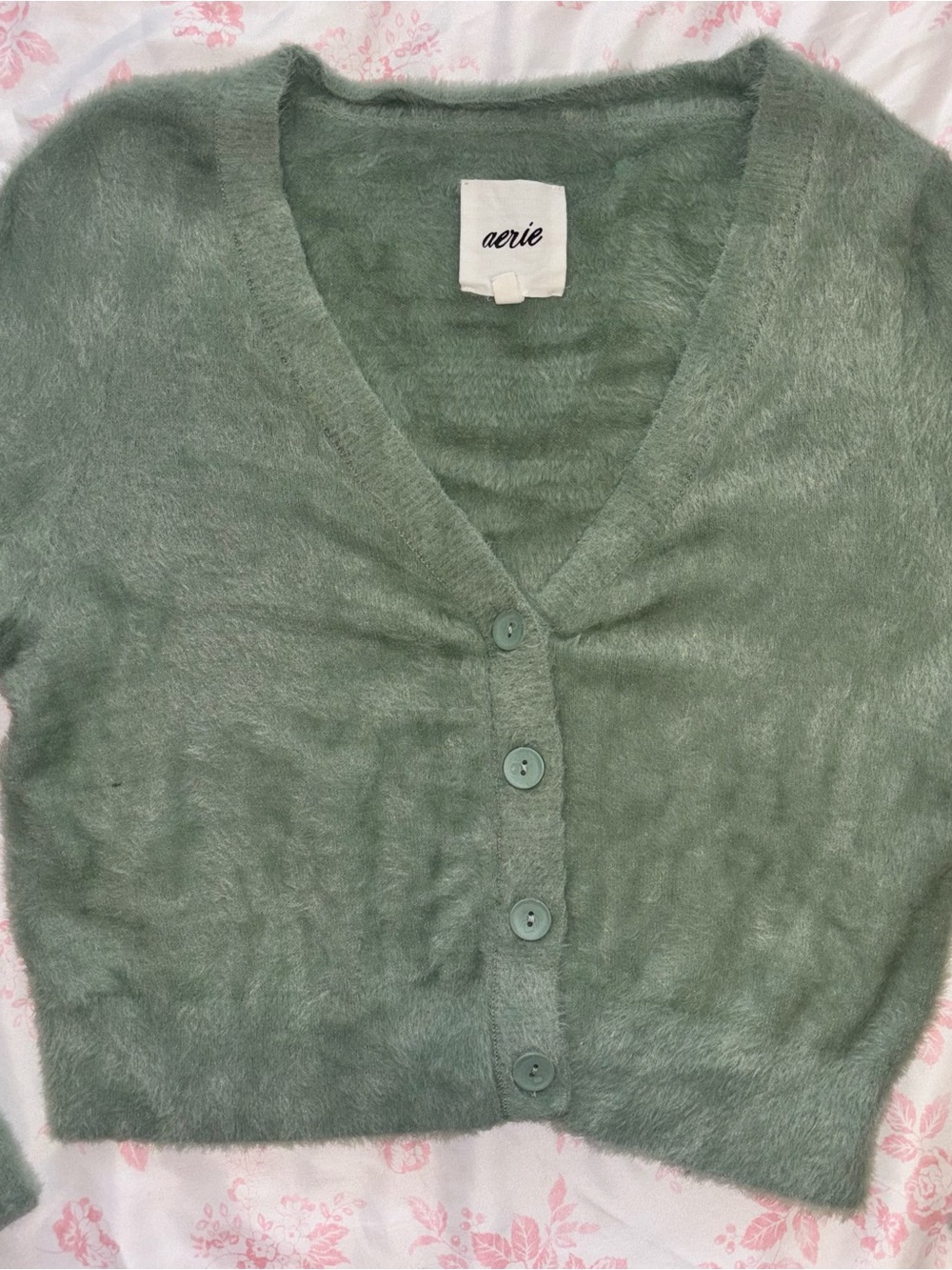 aerie Sage Green Fuzzy V-Neck Button Cardigan